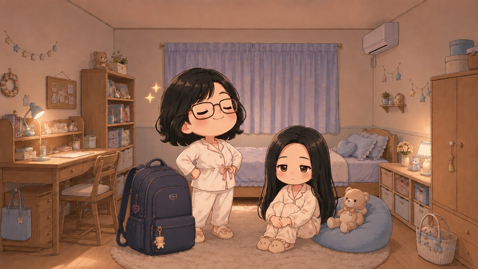 夜の子ども部屋で得意げに登校準備を終えた母親と、気乗りしない様子の娘のイラスト