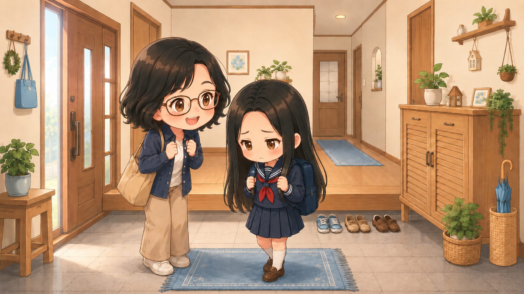 朝の玄関で、登校に張り切る母親と、制服姿でうつむきがちな娘のイラスト