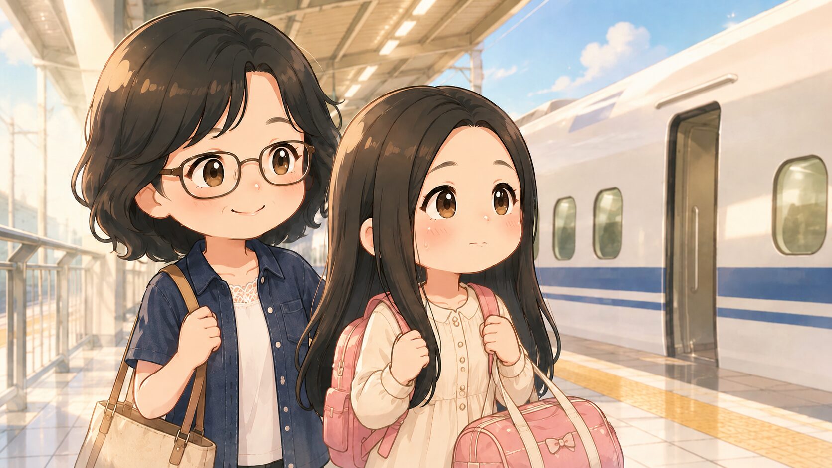 新幹線のホームで、旅立つ娘とあたたかく見守る母親のイラスト