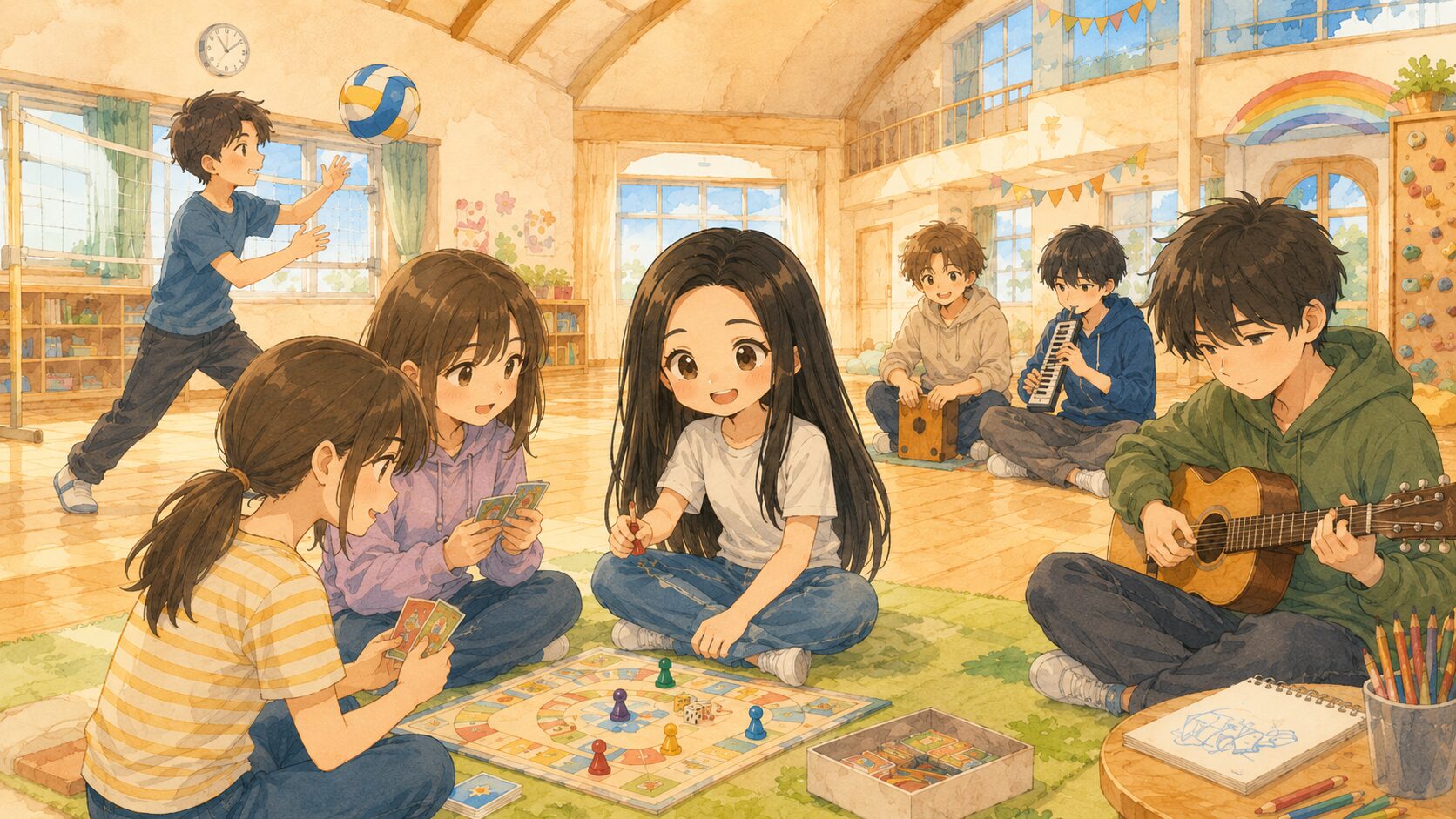 フリースクールの室内で、友達とボードゲームをしてリラックスした表情で過ごす娘のイラスト