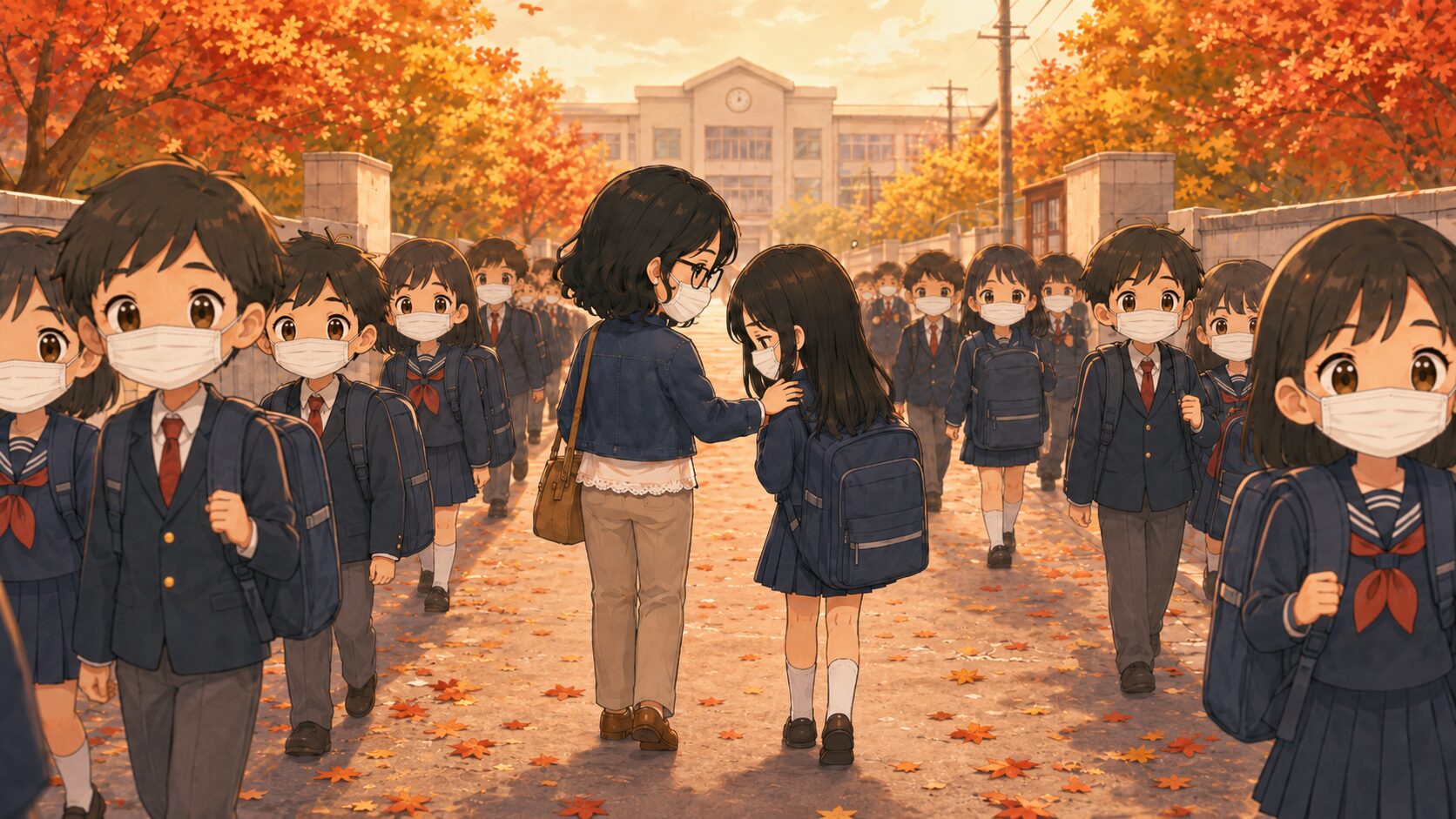 下校する大勢の中学生の波に逆らって、母親と一緒に学校へ向かう娘のイラスト