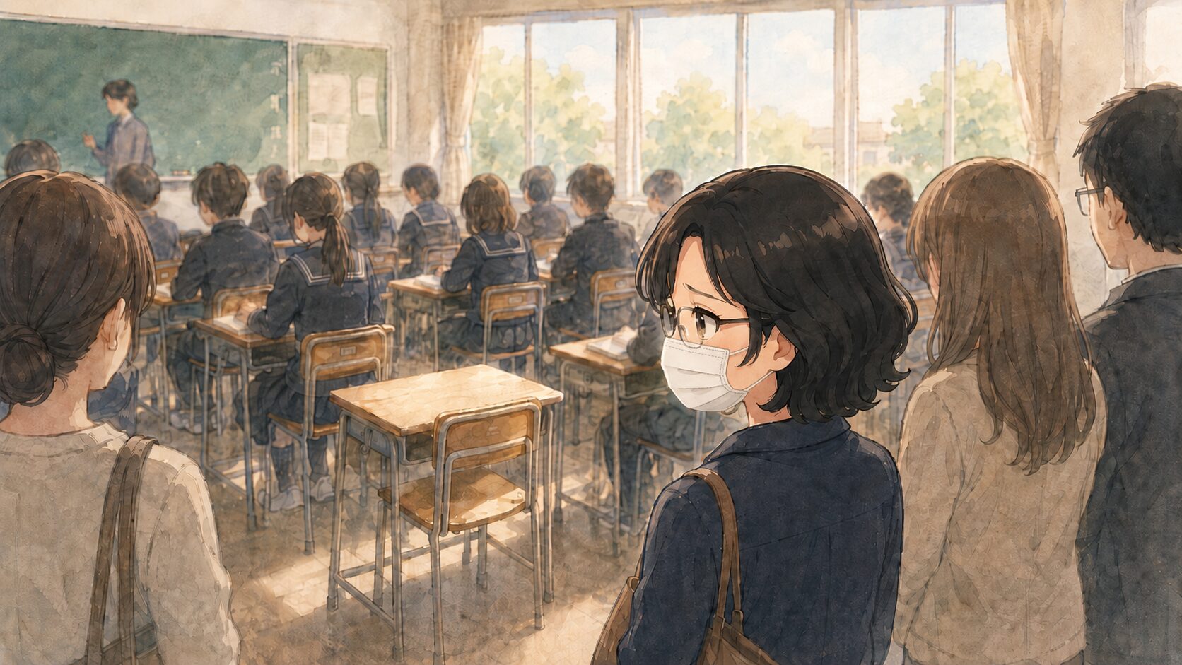 中学校の授業参観で、空いた机を切なそうに見つめる母親のイラスト