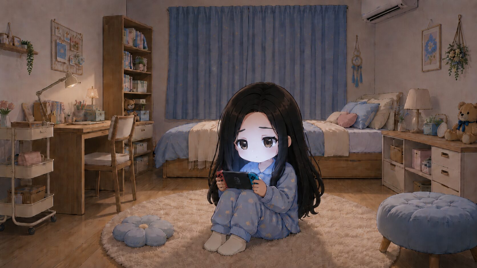 子ども部屋で一人、寂しげな表情でゲームに集中する娘のイラスト