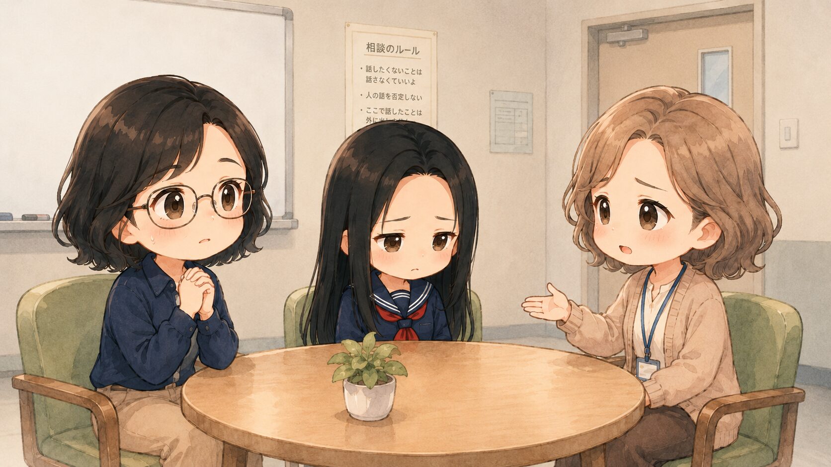 学校の相談室で、スクールカウンセラーの問いかけにうつむく娘と、説得を期待してそわそわ見守る母親のイラスト