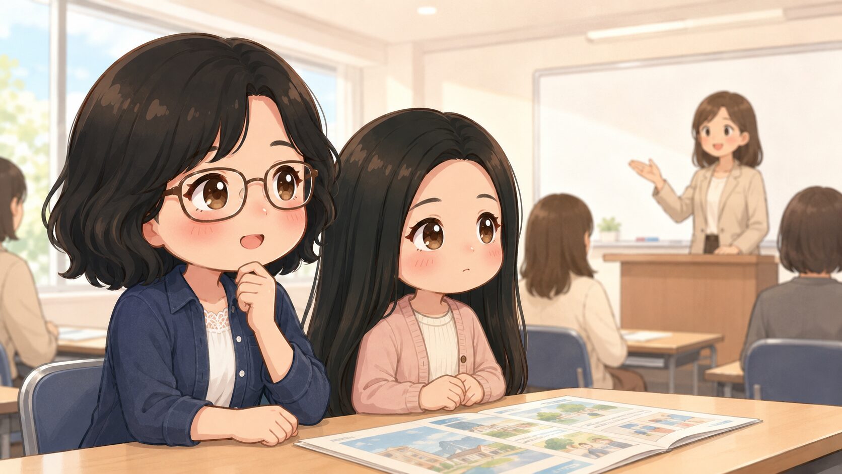 オープンスクールで娘と一緒に学校説明を聞くお母さん（ふわり）のイラスト