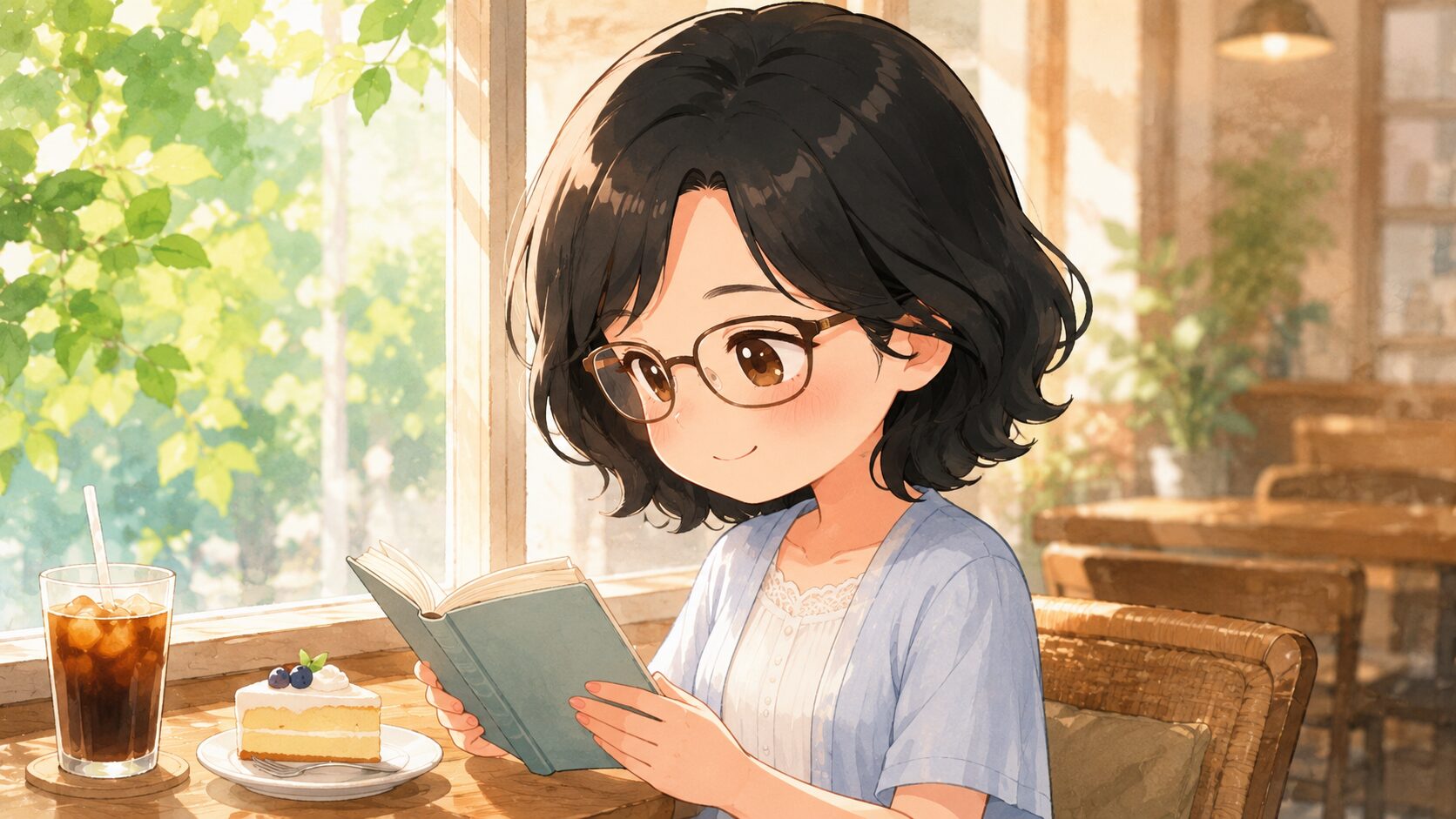 カフェでひとり本を読んで息抜きするお母さん（ふわり）のイラスト