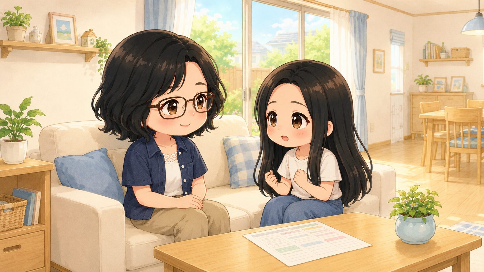 リビングで娘と向かい合って進路の話をするお母さんのイラスト